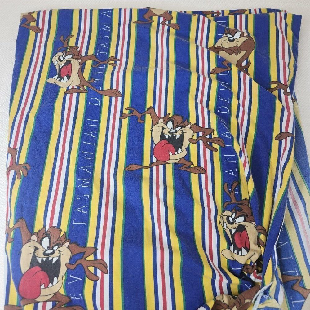 Vintage Twin Fitted Sheets Taz Tasmanian Devil Blue Yellow Striped Warner Bros